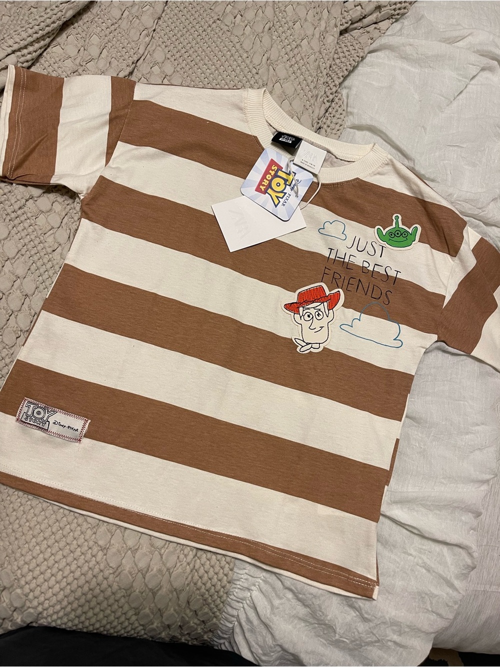 Zara Toy Story Brown & Cream Striped Kids Tee - 'Just The Best Friends'